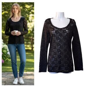 Vanity Womens Top Size M Black Lace Long Sleeve Scoop Neck Stretch Pullover